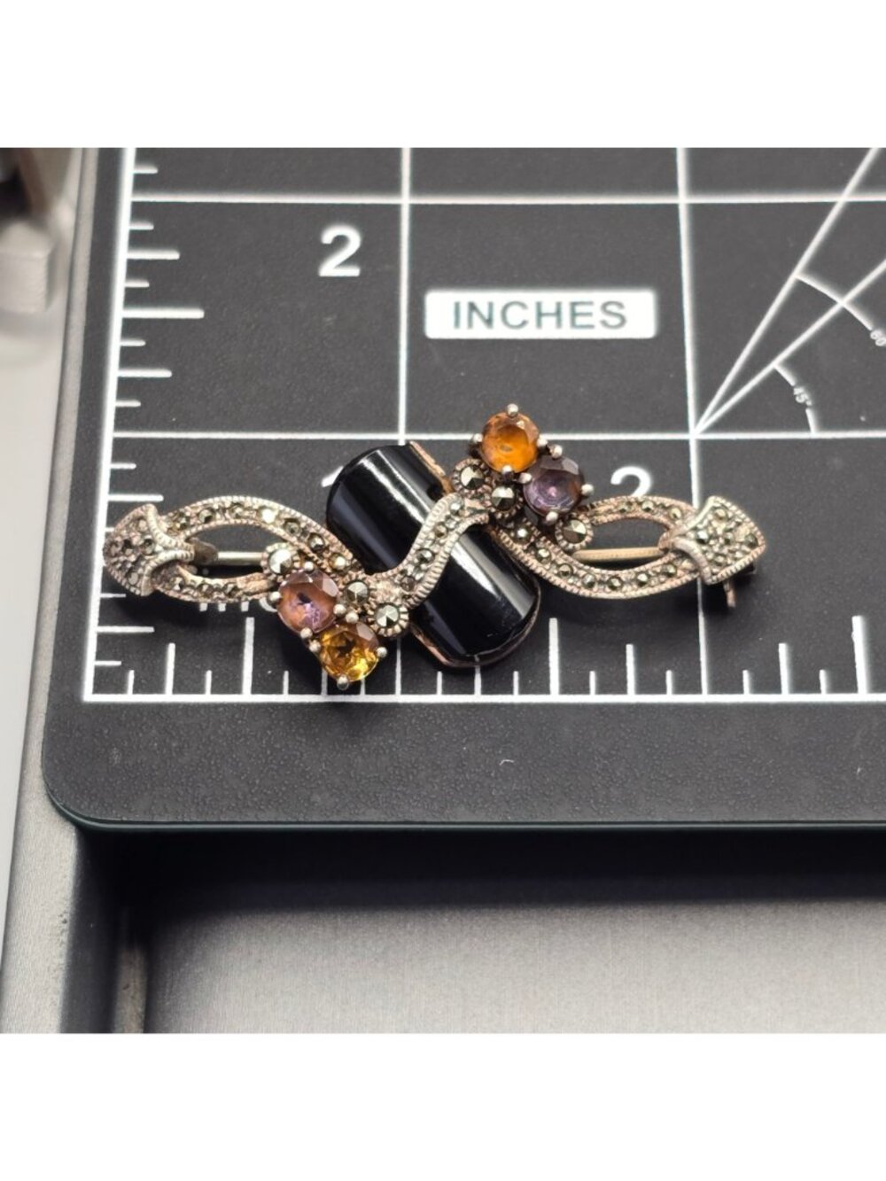 Vintage Art Deco Sterling Silver Onyx Ametrine Citrine Marcasite Brooch Signed - Picture 11 of 15